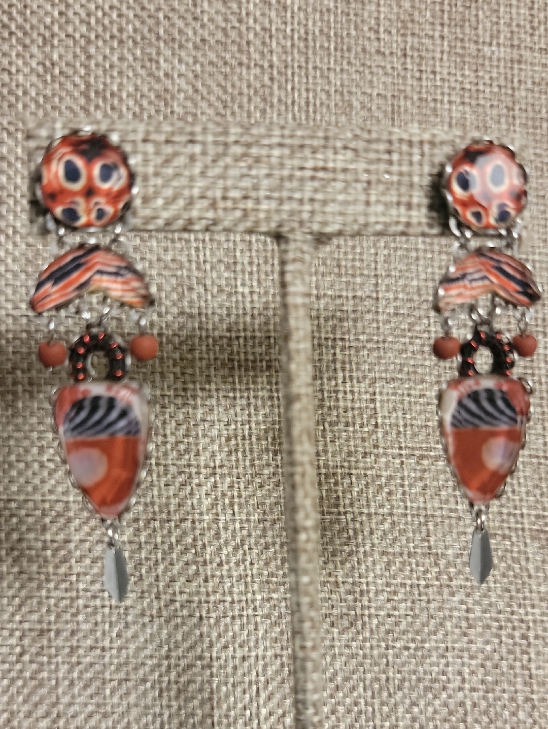 Ayala Bar Handcrafted Brick & Black Patterned Dangle Earrings